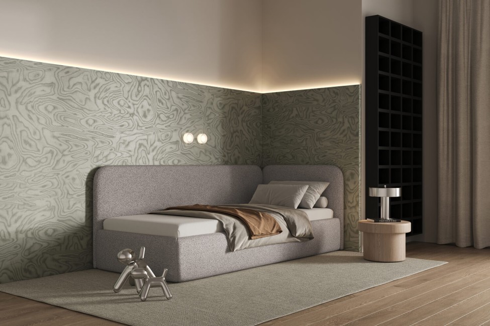 Łóżko Bao 90x200, tkanina LOOP 07, stelaż metalowy, strona prawa, otwierany bocznie