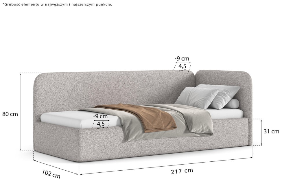 Łóżko Bao 90x200, tkanina LOOP 07, stelaż metalowy, strona prawa, otwierany bocznie