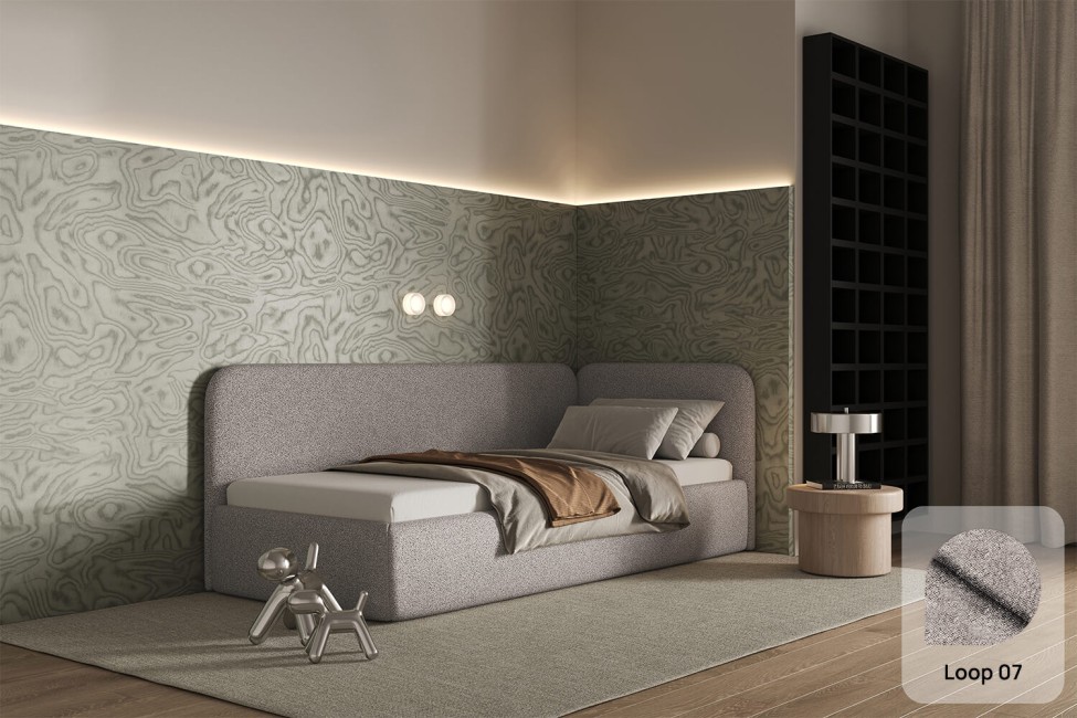 Łóżko Bao 90x200, tkanina LOOP 07, stelaż metalowy, strona prawa, otwierany bocznie