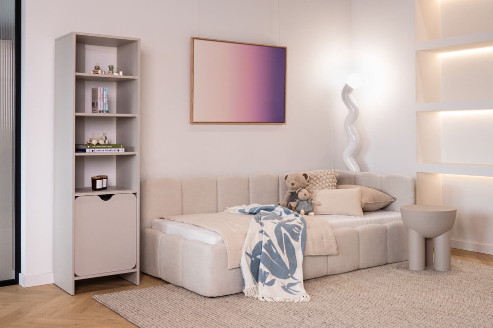 Łóżko Auro Twin Low 90x200, tkanina STORM 02, stelaż metalowy, strona prawa, otwierany bocznie